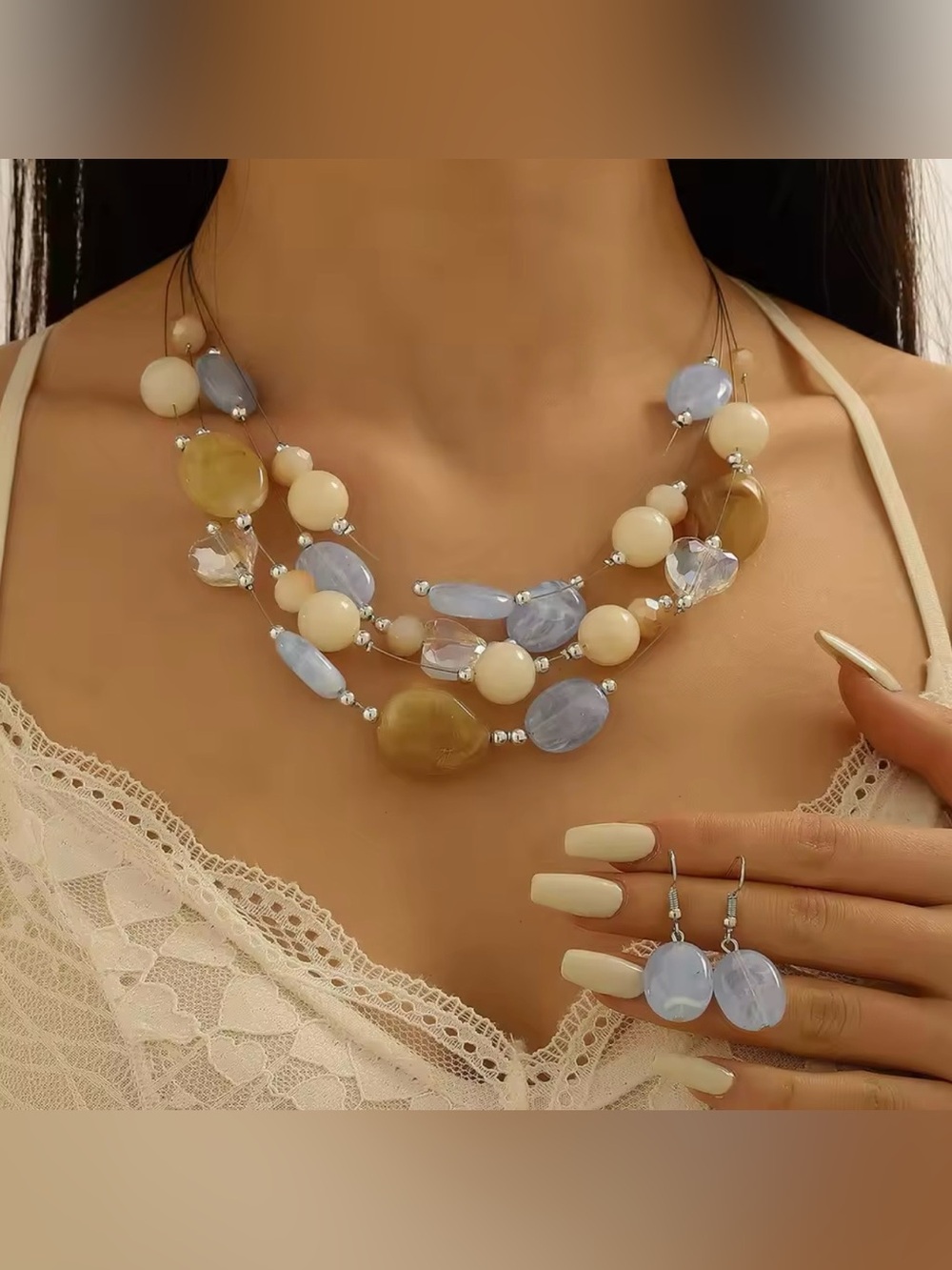Multi-Strand Blue, Cream & Tan Bead Necklace Set with Matching Earrings